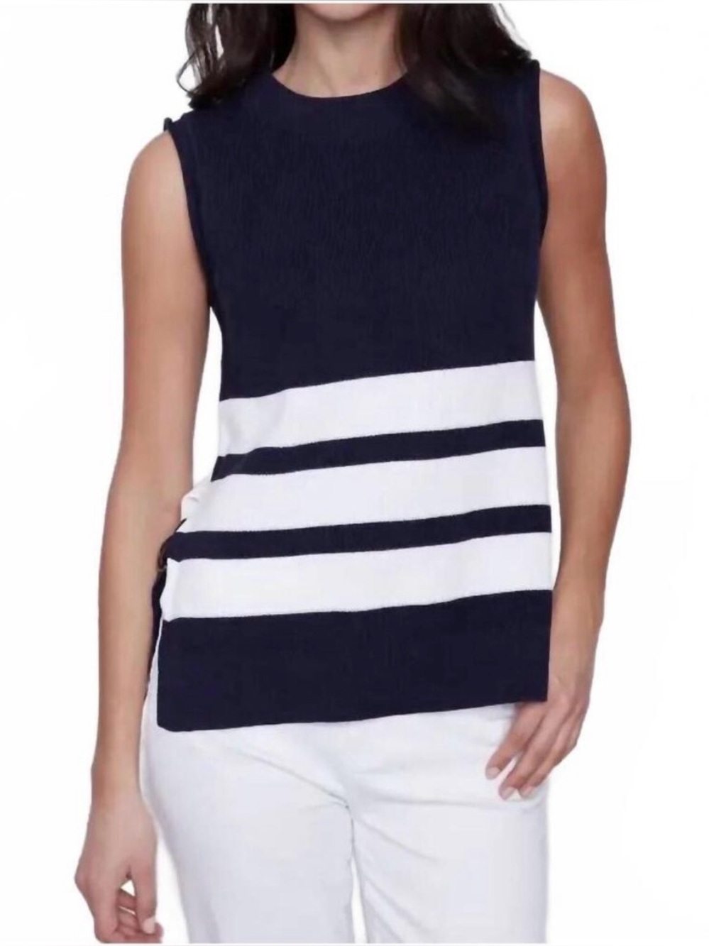 CHARLIE B Navy and White Striped Sleeveless Knit Tank with Side Ring Detail
